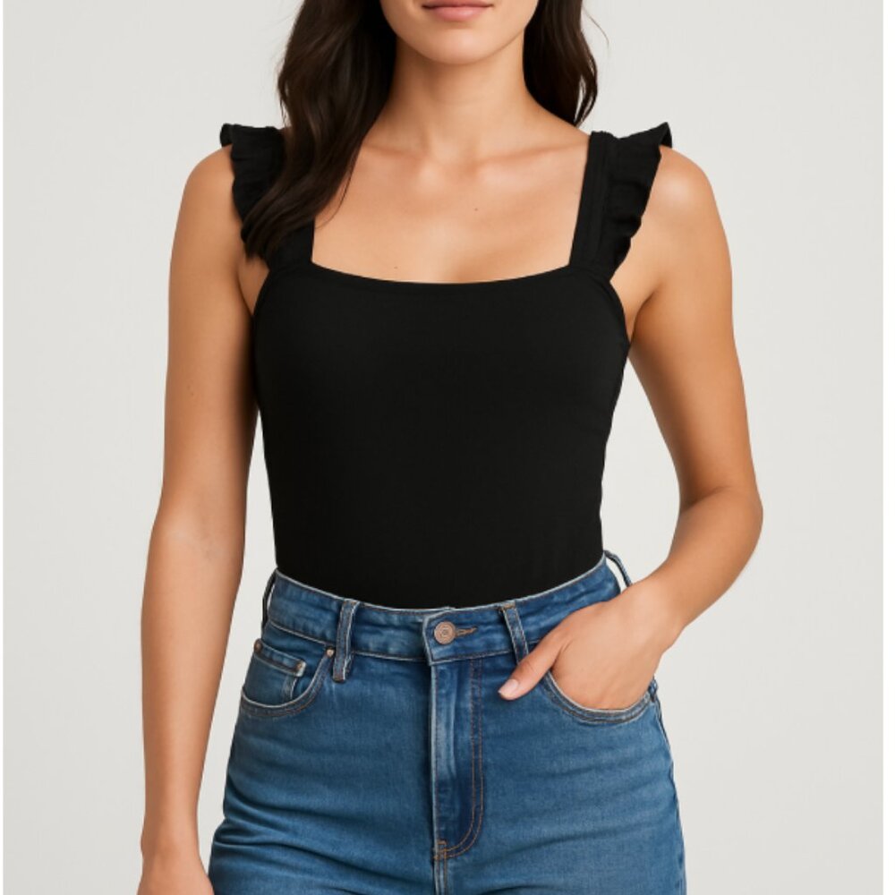 SHEIN Black Ruffle Strap Square Neck Bodysuit